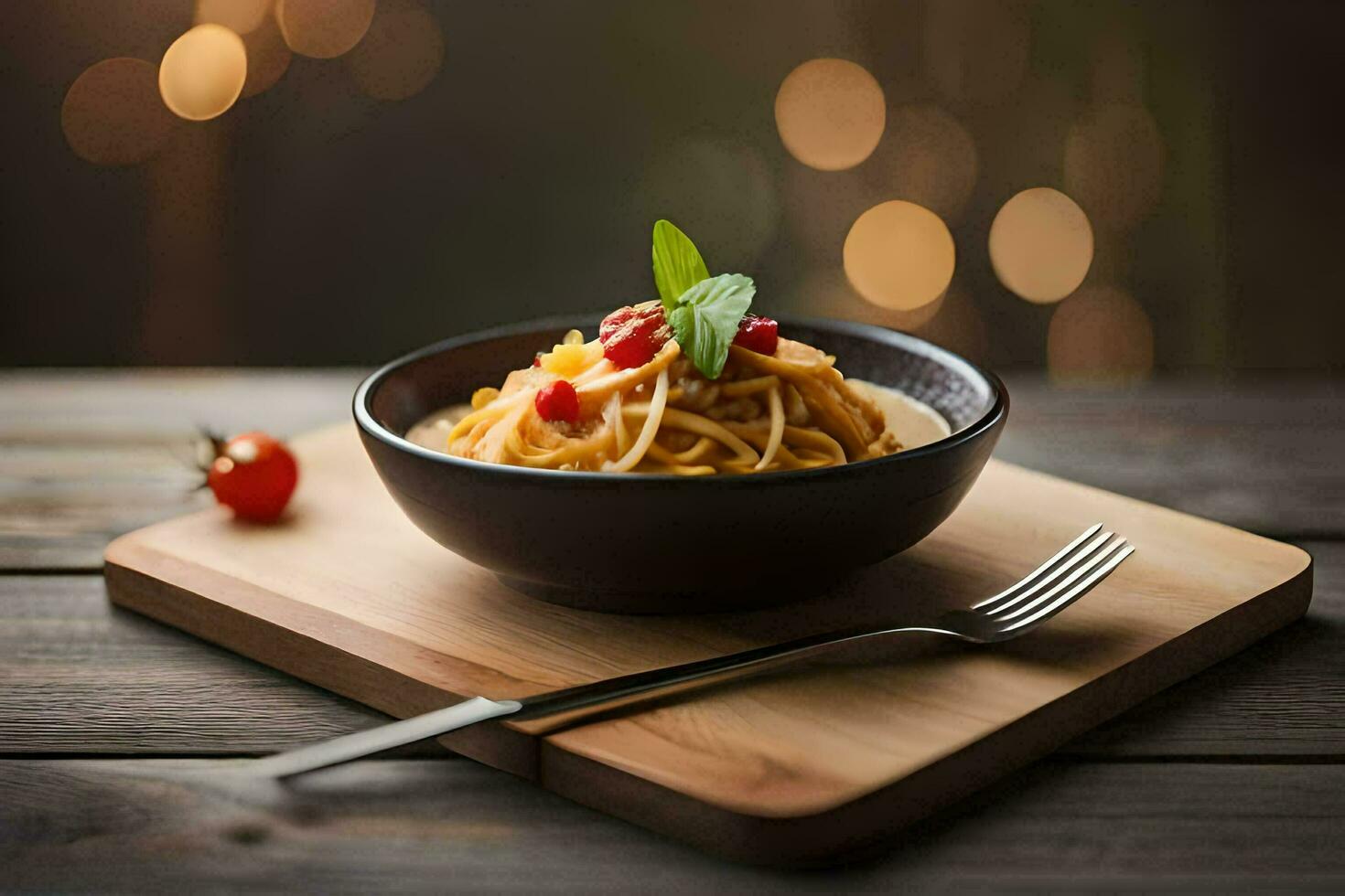 ein Schüssel von Pasta mit Tomaten und Basilikum auf ein hölzern Tisch. KI-generiert foto
