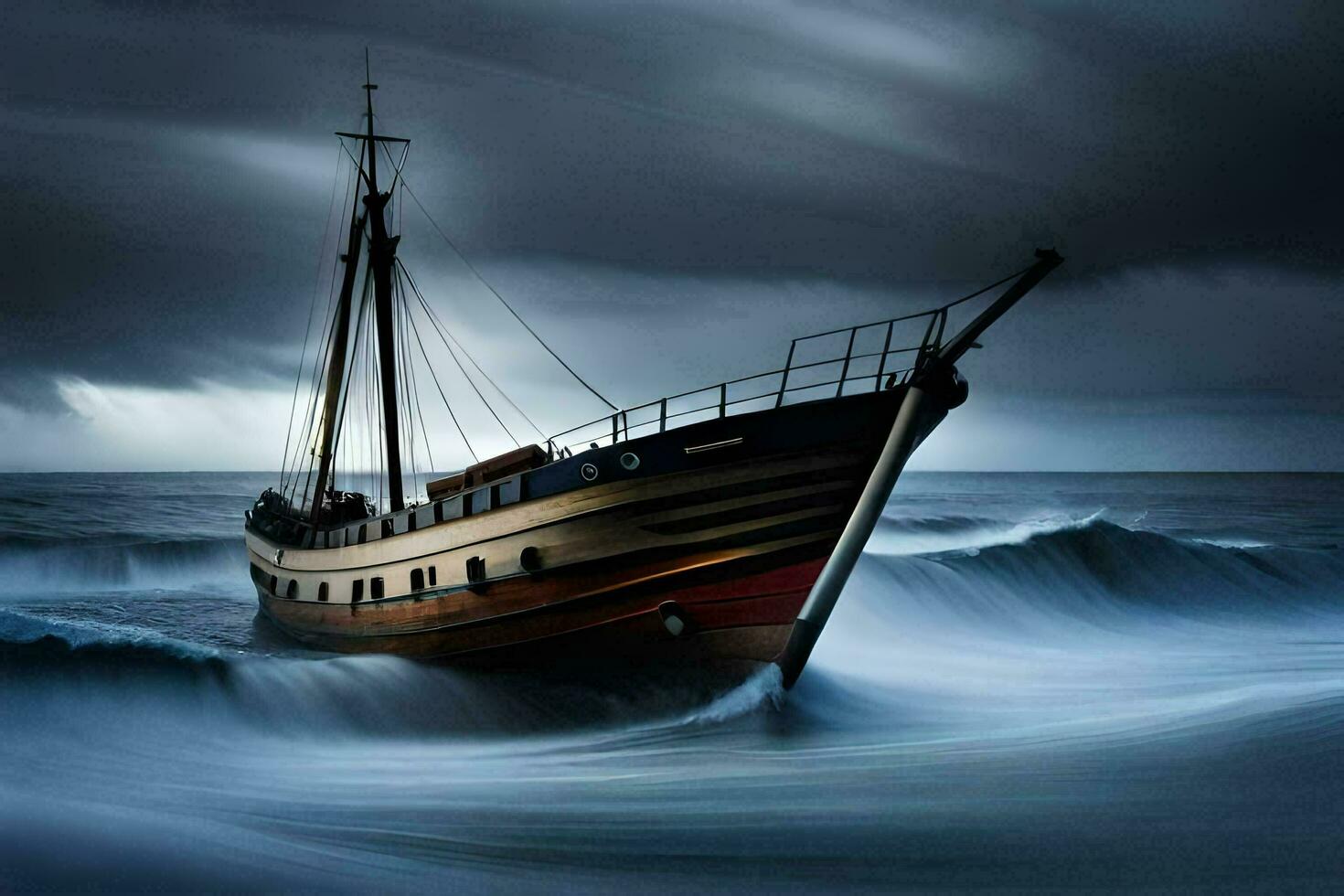 ein Boot im das Ozean unter stürmisch Himmel. KI-generiert foto