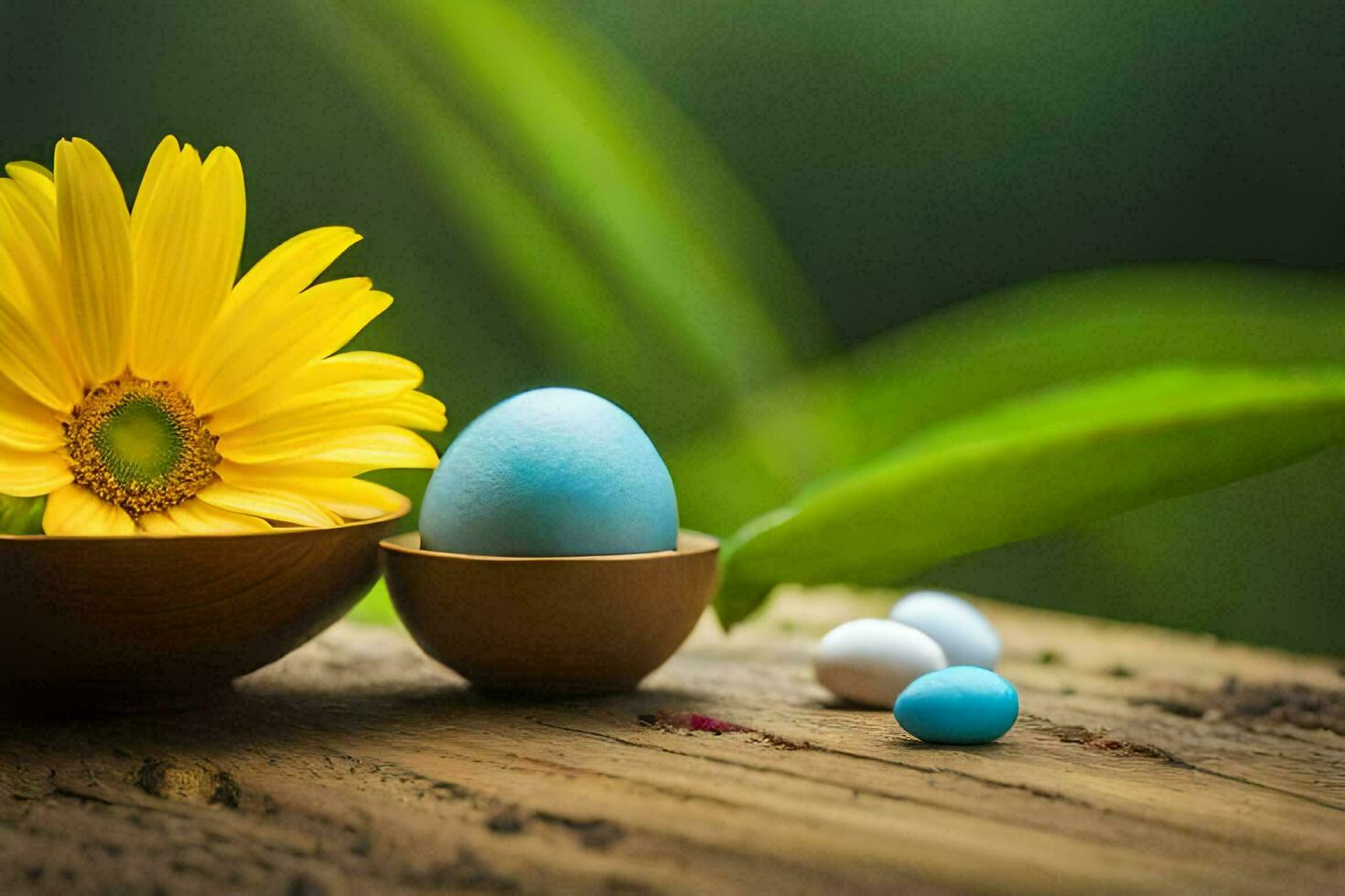 Foto Hintergrund das Sonne, Blumen, Frühling, Ostern, Eier, Blau, Gelb, Blumen. KI-generiert