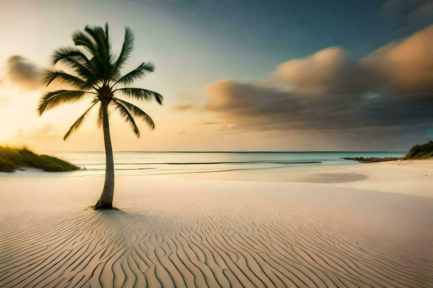 das Strand, Palme Baum, Sonnenuntergang, Sand, Sand Dünen, Strand, Sand Dünen. KI-generiert foto