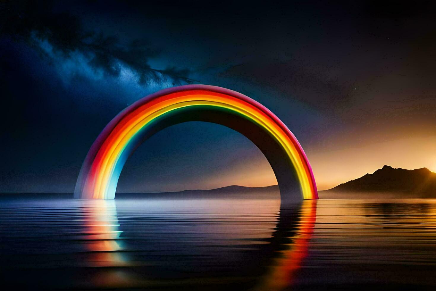 ein Regenbogen ist reflektiert im das Wasser beim Sonnenuntergang. KI-generiert foto