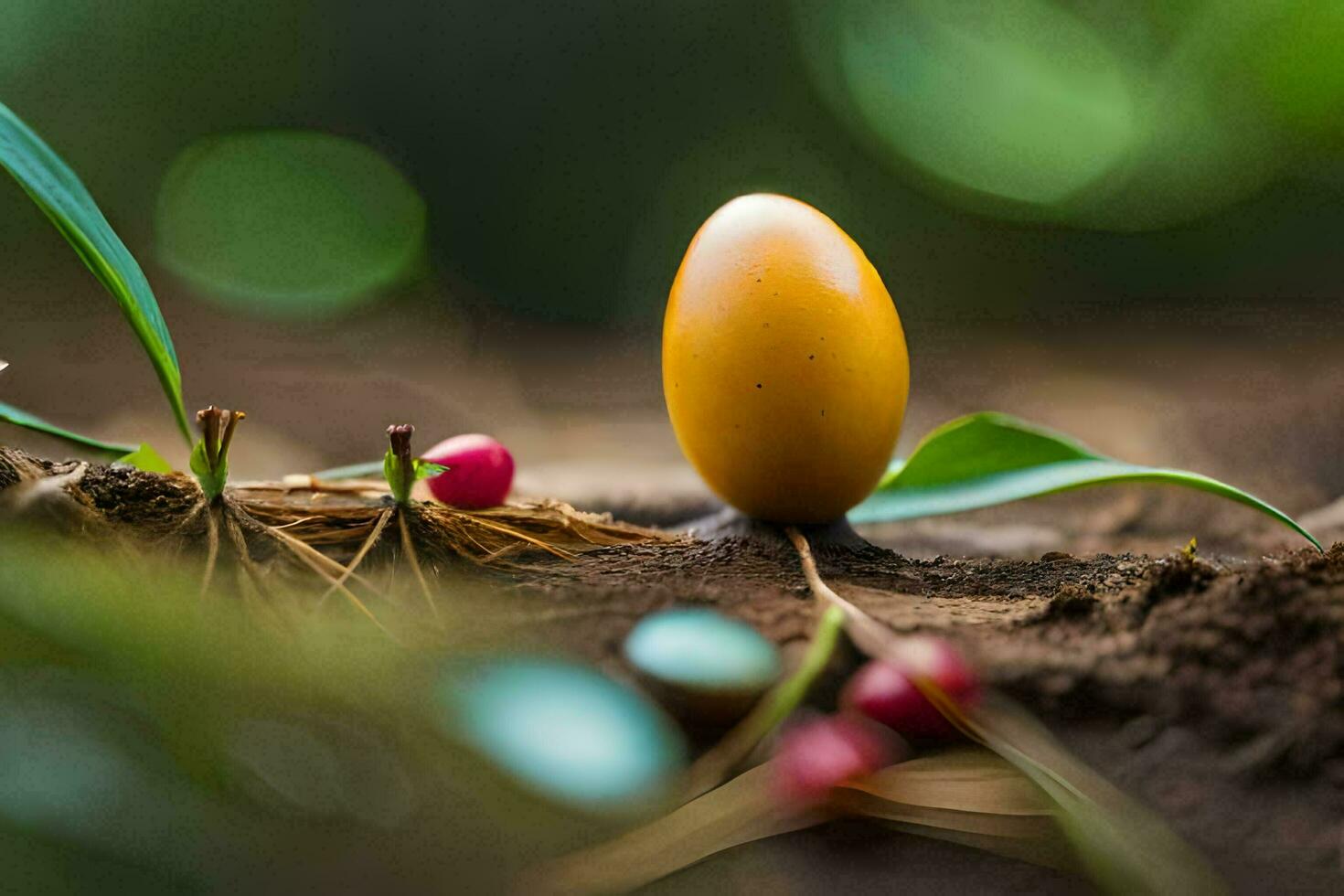 ein Gelb Ei ist Sitzung auf das Boden mit Blätter. KI-generiert foto