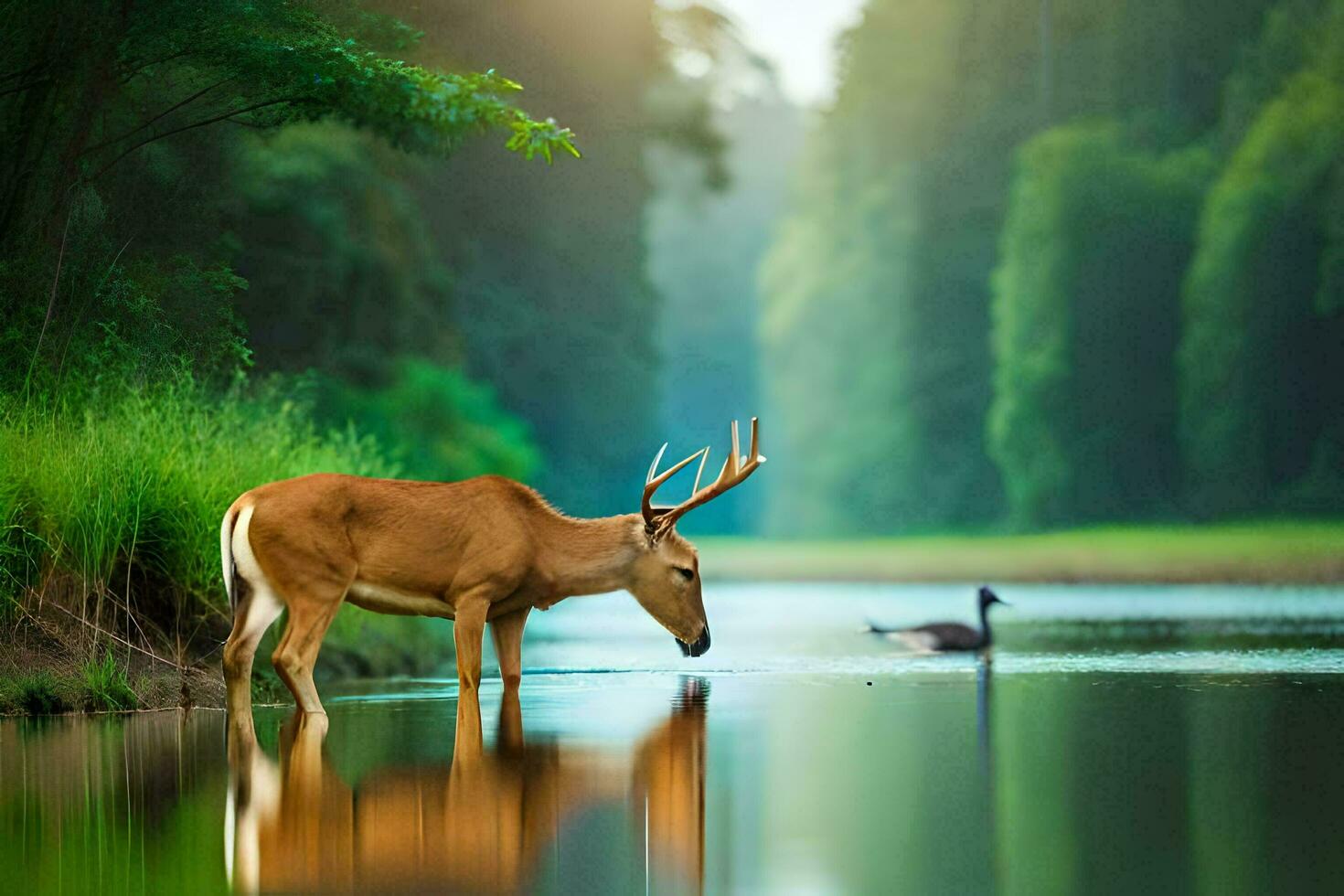 Hirsch Trinken Wasser im das Wald. KI-generiert foto
