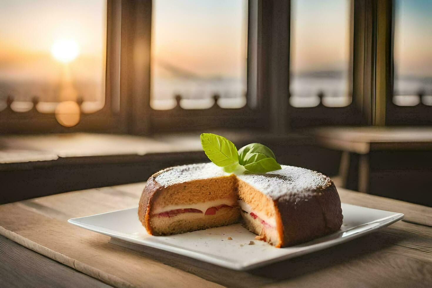 ein Scheibe von Kuchen auf ein Teller mit ein Aussicht von das Sonnenuntergang. KI-generiert foto