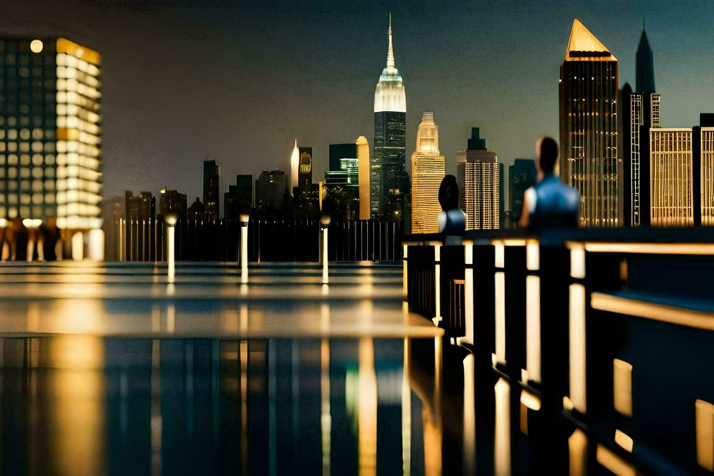 das Stadt Horizont ist reflektiert im das Wasser beim Nacht. KI-generiert foto