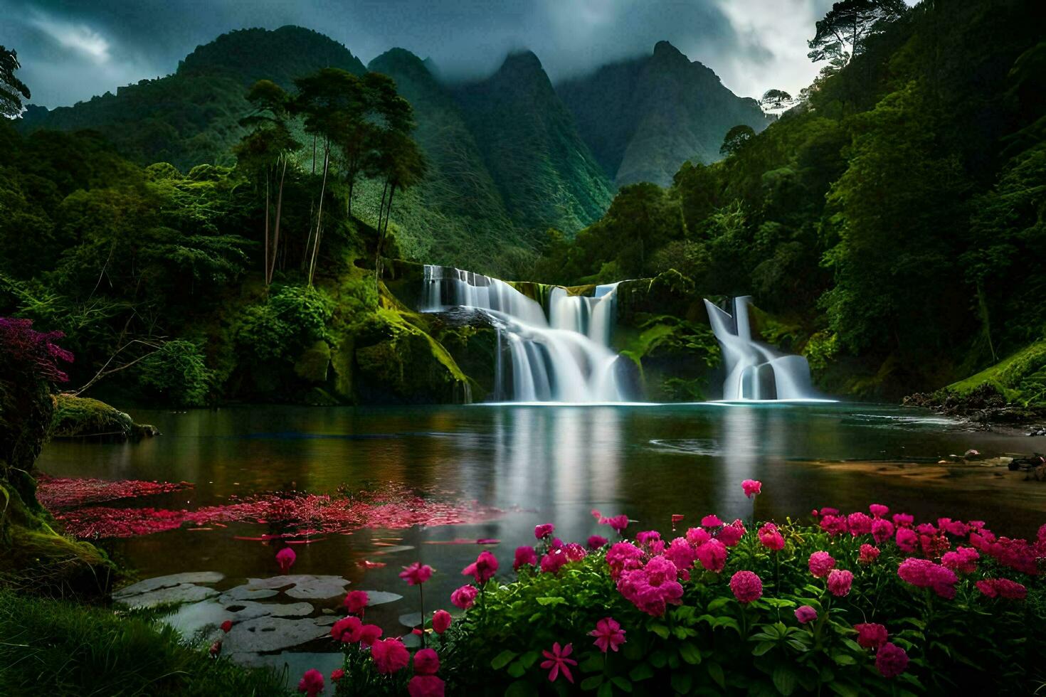 das Wasserfall im das Mitte von das Fluss ist umgeben durch Rosa Blumen. KI-generiert foto