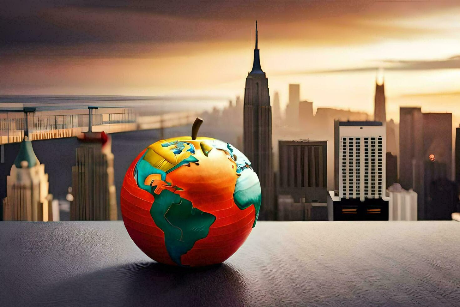 ein Apfel mit das Welt auf es im Vorderseite von ein Stadt. KI-generiert foto