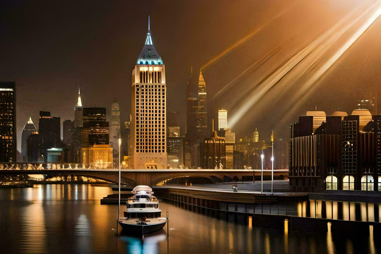 das Stadt Horizont beim Nacht mit Beleuchtung leuchtenden auf das Wasser. KI-generiert foto