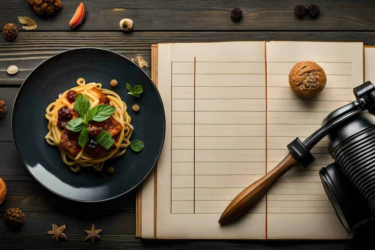 Spaghetti auf ein Teller mit ein Notizbuch und ein Kamera. KI-generiert foto