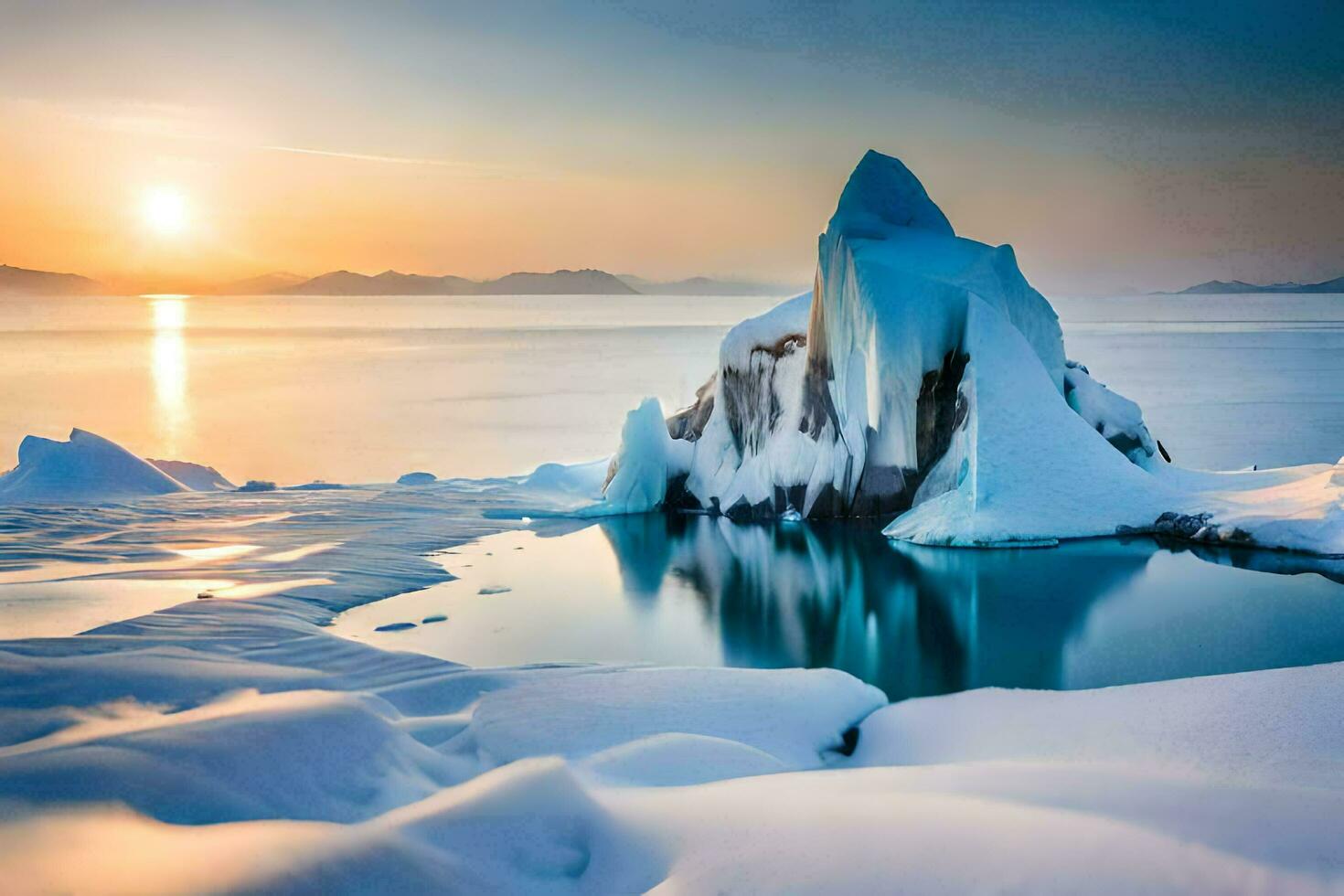 das Sonne setzt Über ein Eisberg im das Arktis. KI-generiert foto