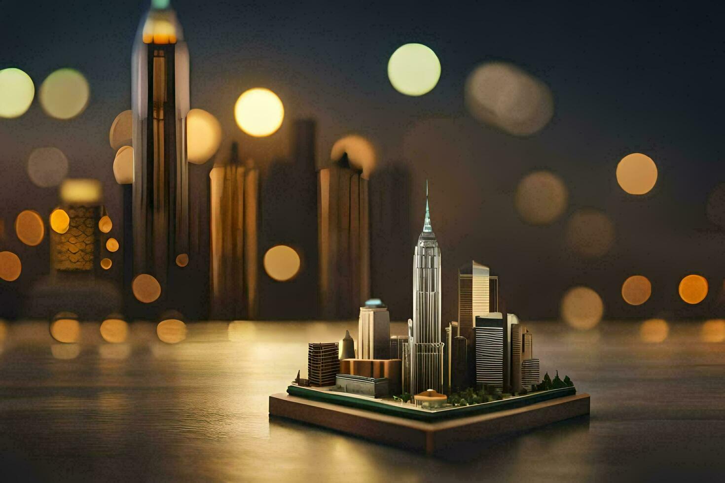 ein Miniatur Stadt mit ein Wolkenkratzer im das Hintergrund. KI-generiert foto