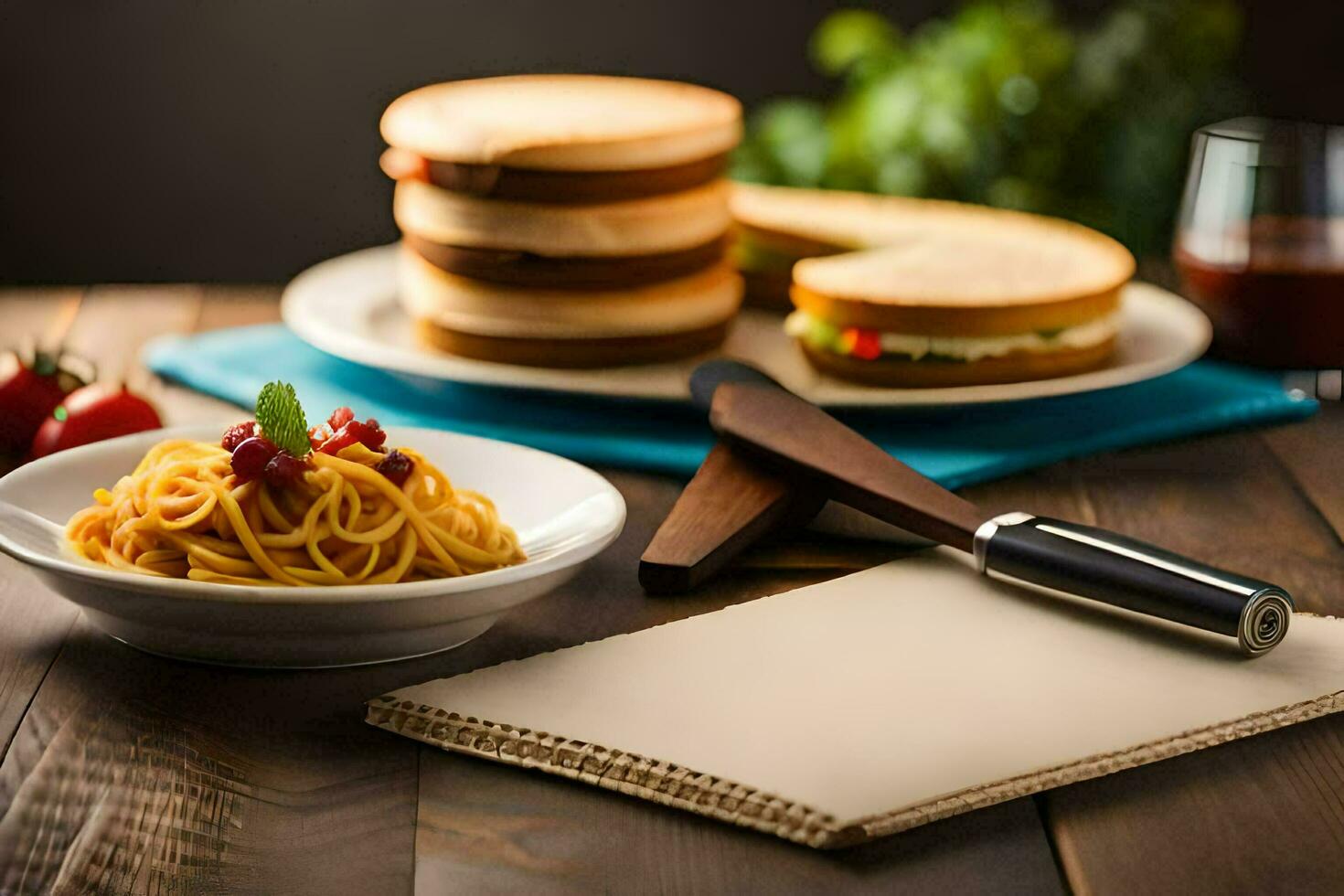 Spaghetti und ein Sandwich auf ein hölzern Tisch. KI-generiert foto