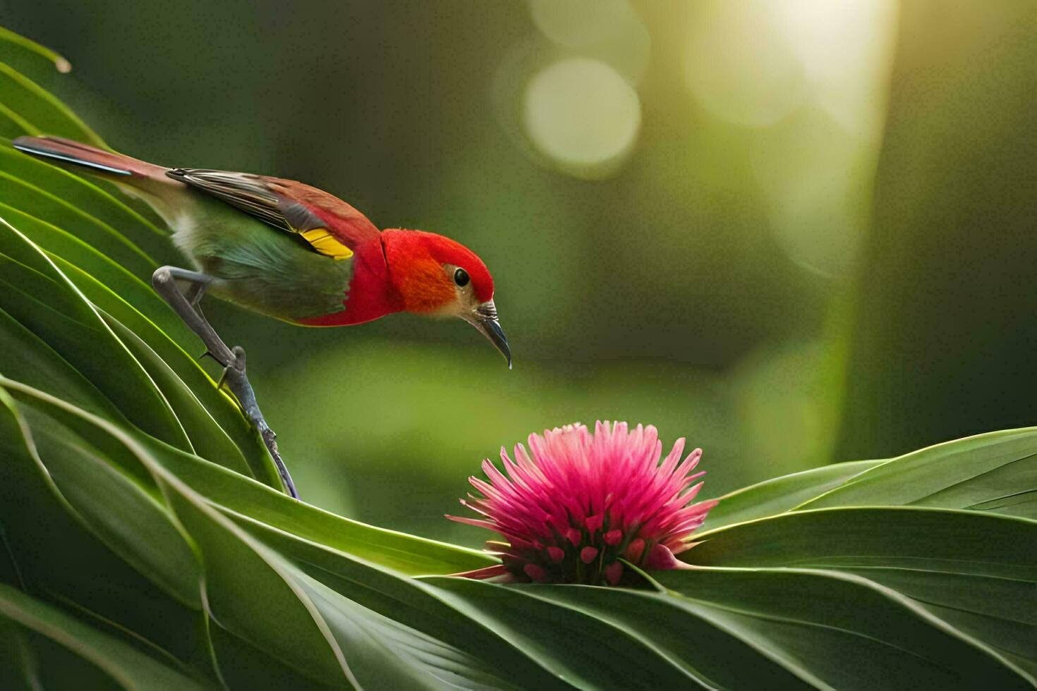 ein bunt Vogel thront auf ein Blatt. KI-generiert foto