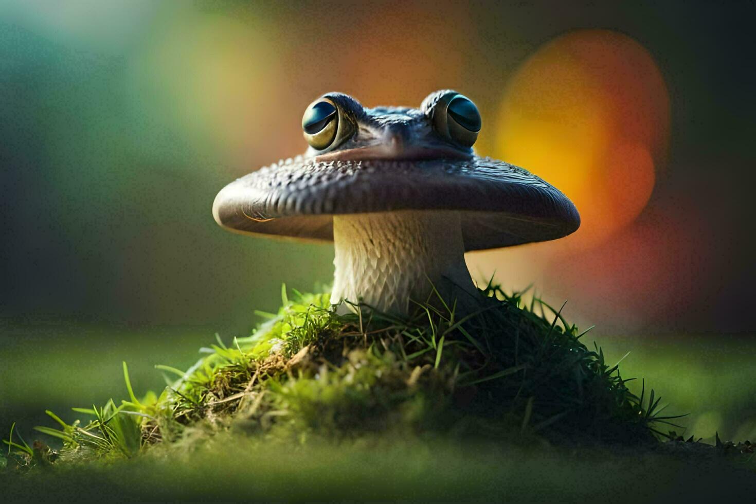 ein klein Frosch mit groß Augen Sitzung auf oben von ein Moos bedeckt Boden. KI-generiert foto