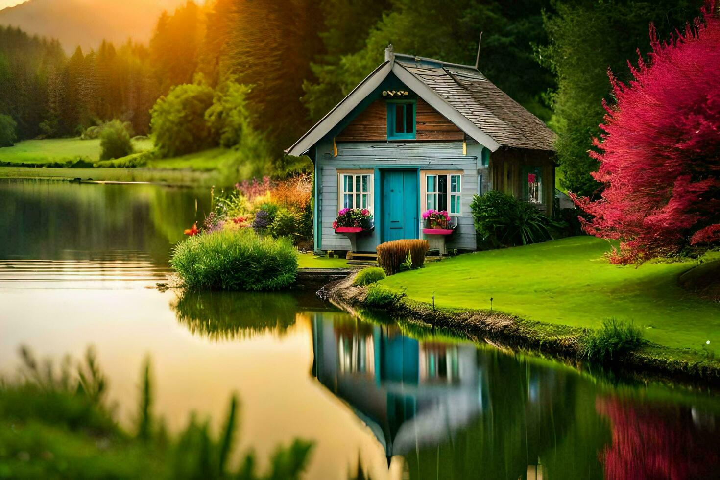 ein klein Hütte ist auf das Ufer von ein See. KI-generiert foto