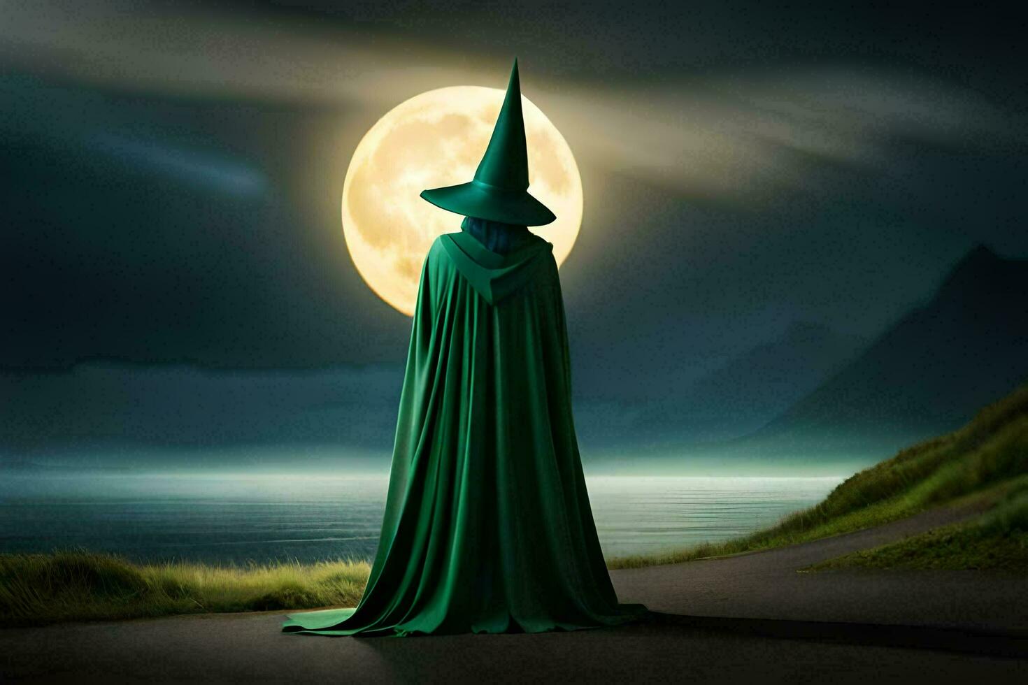 ein Hexe im Grün Mantel Stehen auf das Straße mit ein voll Mond im das Hintergrund. KI-generiert foto