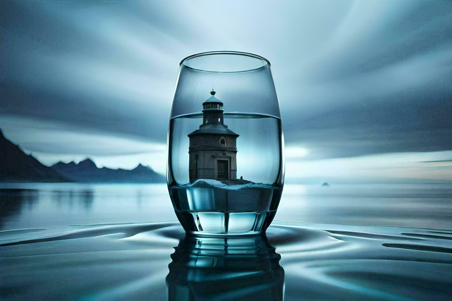 ein Leuchtturm im ein Glas von Wasser. KI-generiert foto