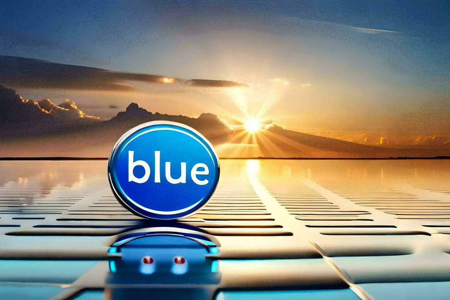 Blau Logo auf das Wasser mit das Sonne Einstellung. KI-generiert foto