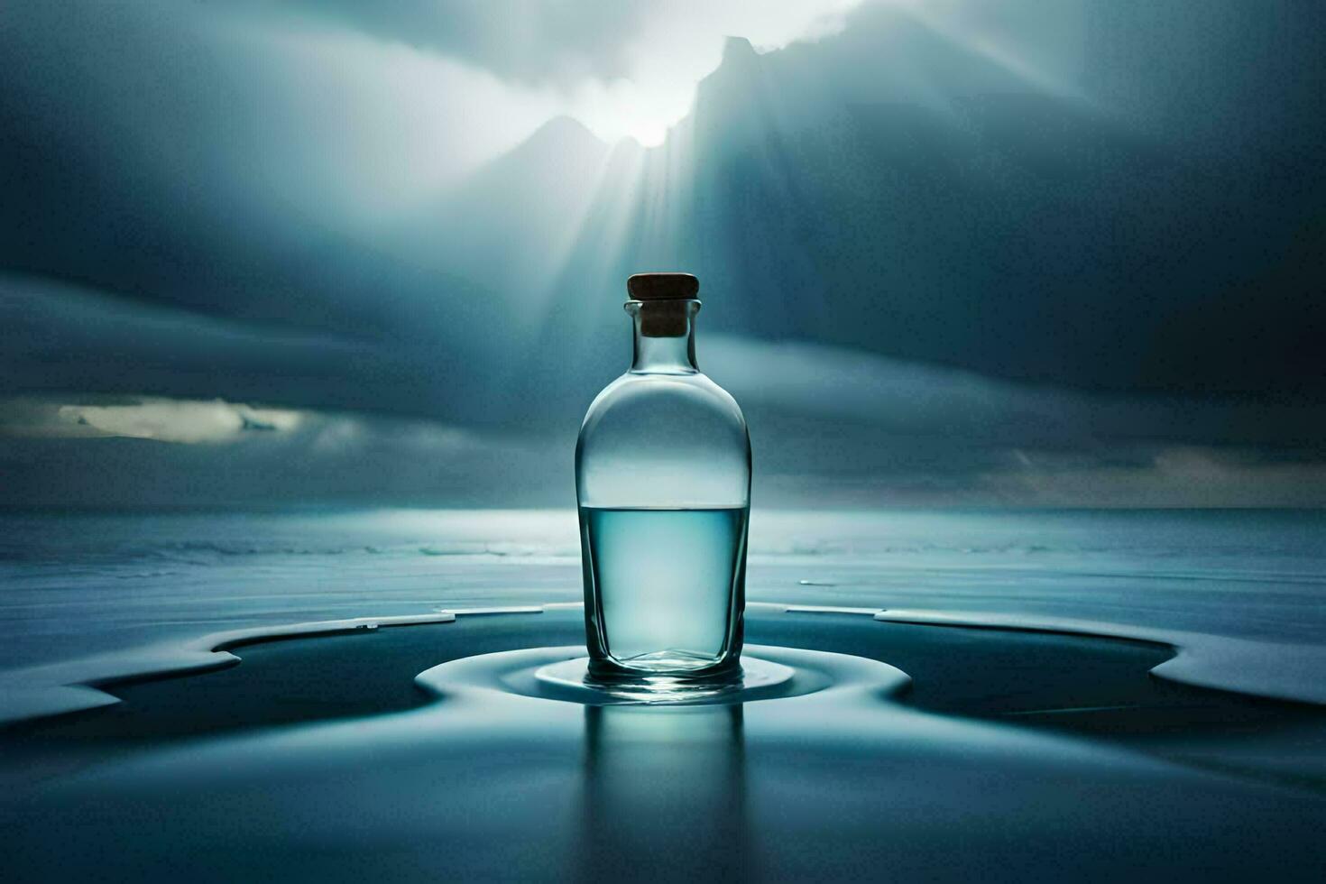 ein Flasche von Wasser sitzt auf das Oberfläche von das Wasser. KI-generiert foto