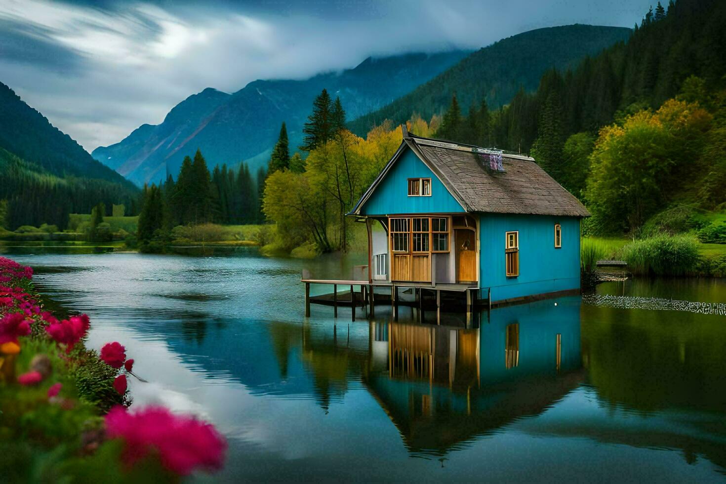 ein Blau Haus sitzt auf das Kante von ein See. KI-generiert foto