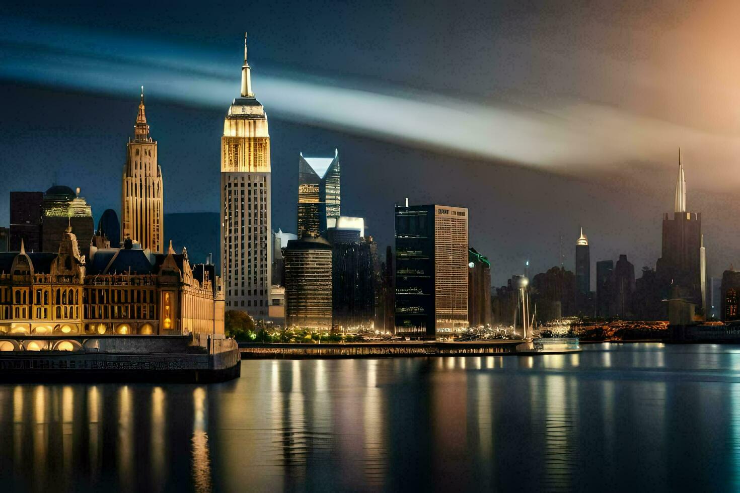 das Stadt Horizont beim Nacht mit das Sonne leuchtenden. KI-generiert foto