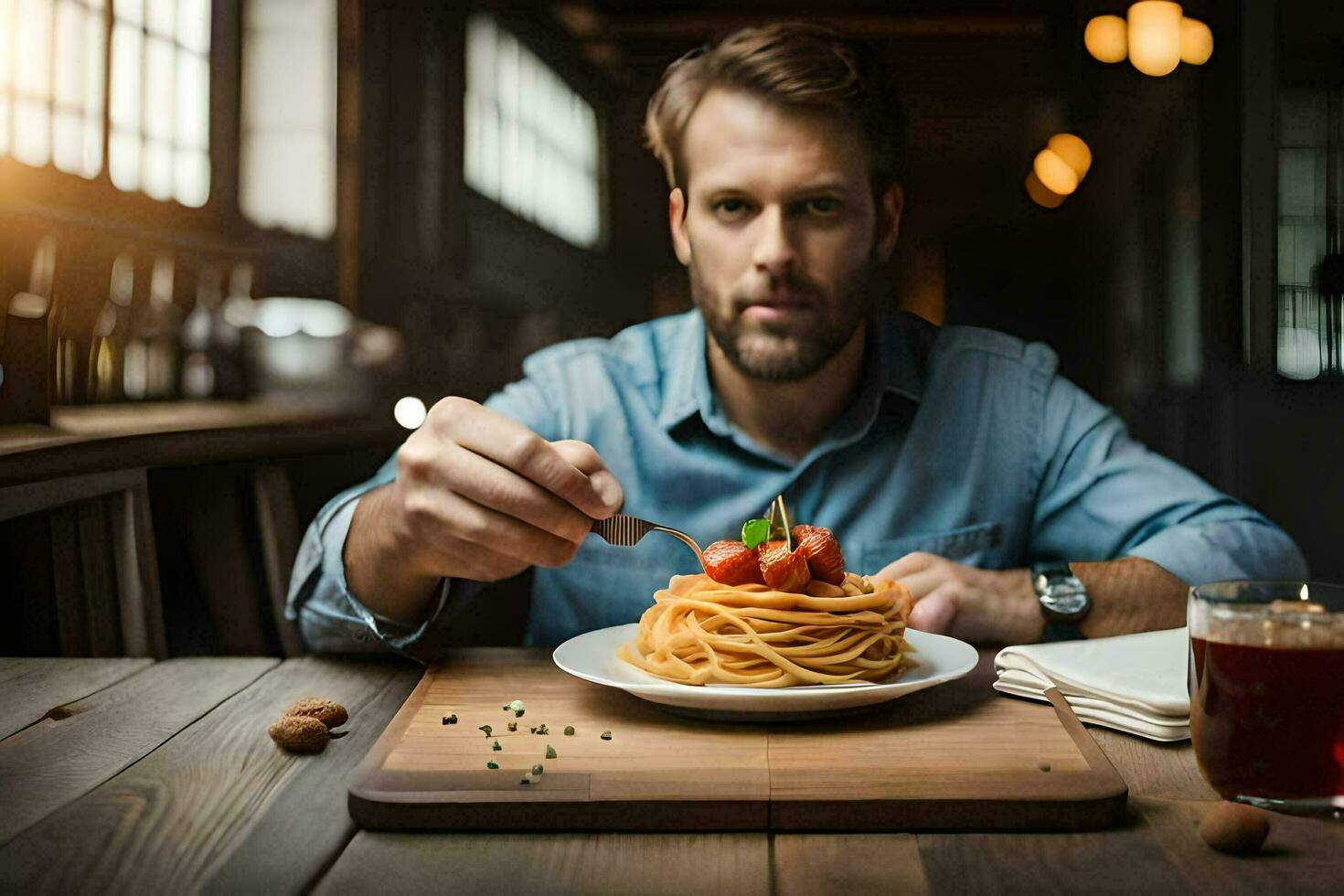 ein Mann Essen Spaghetti auf ein Platte. KI-generiert foto