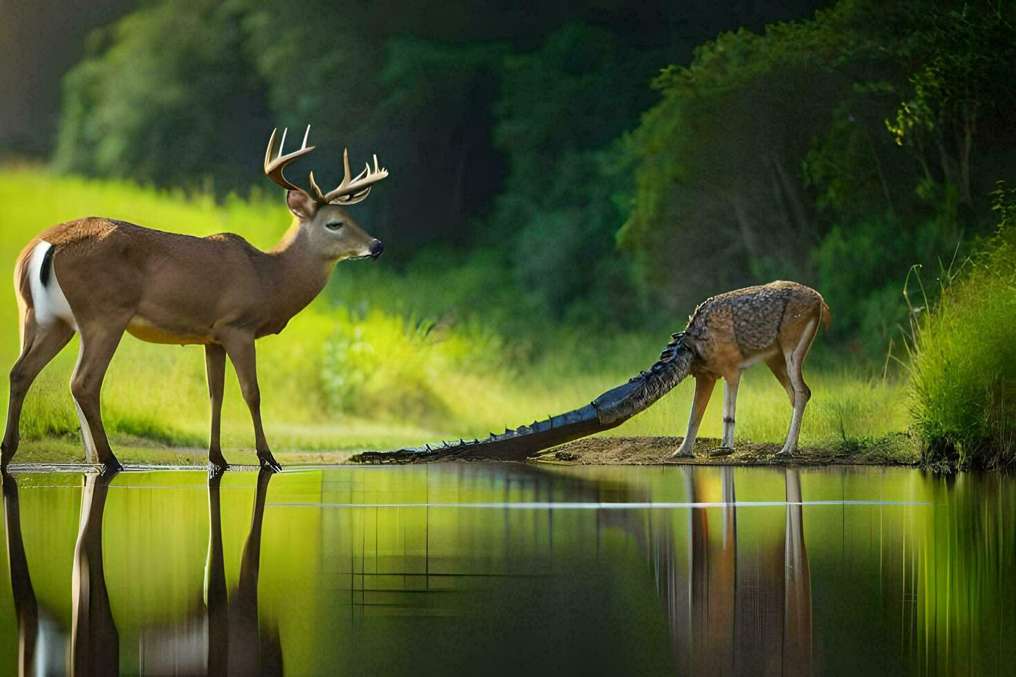 ein Hirsch und ein Alligator Stehen Nächster zu jeder andere. KI-generiert foto