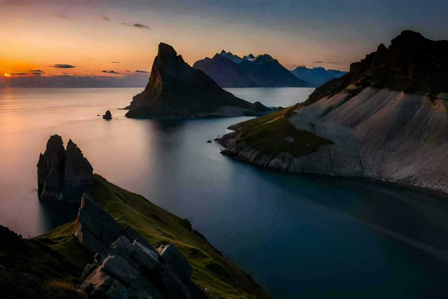 das Sonne setzt Über das Berge und Wasser im diese Foto. KI-generiert foto