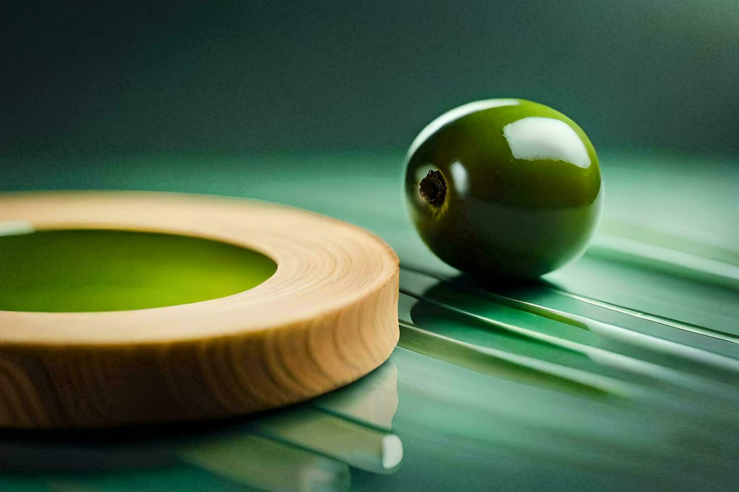 ein Grün Olive auf ein hölzern Platte. KI-generiert foto