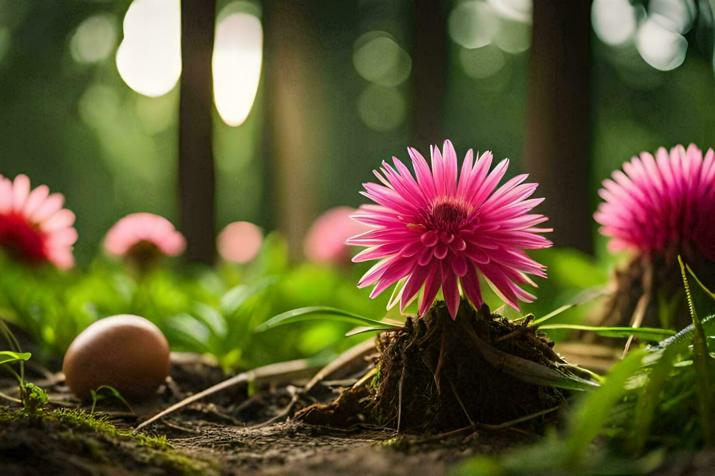 Rosa Blumen im das Wald mit ein Baum Stumpf. KI-generiert foto