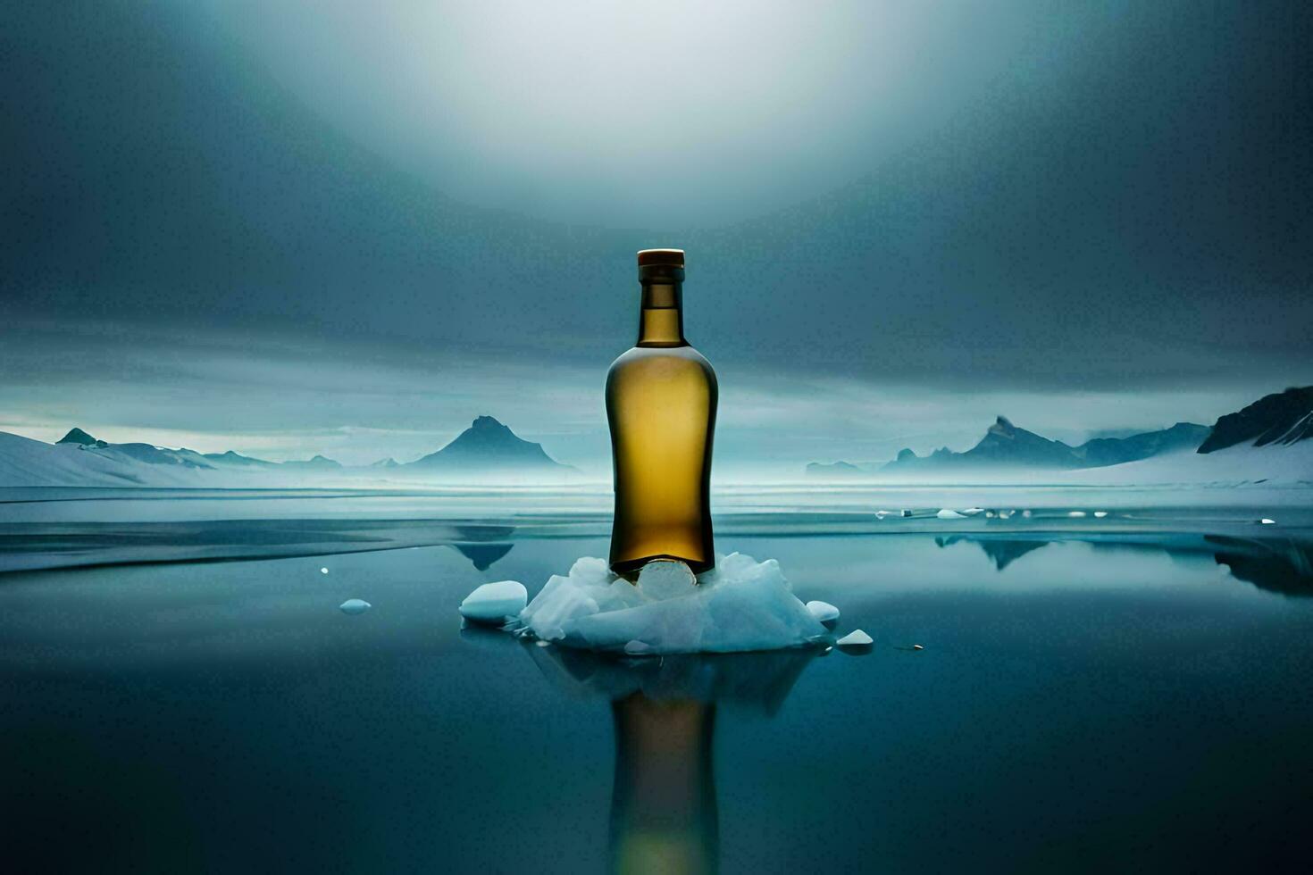 ein Flasche von Whiskey schwebend im das Wasser. KI-generiert foto