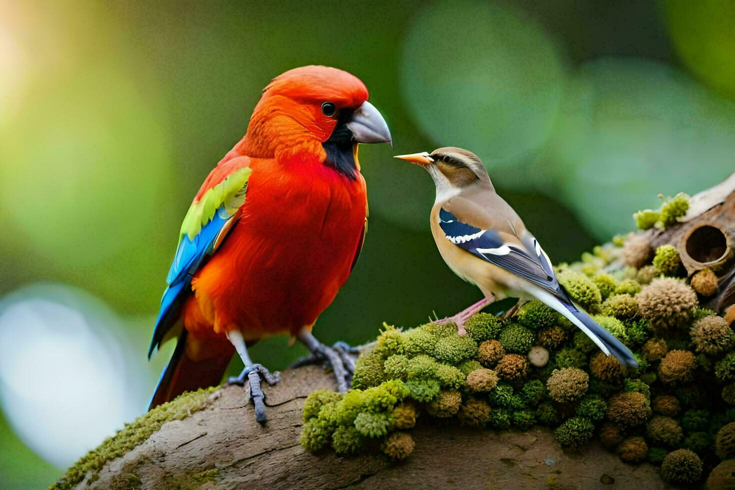 ein bunt Vogel und ein klein Vogel sind Sitzung auf ein Ast. KI-generiert foto