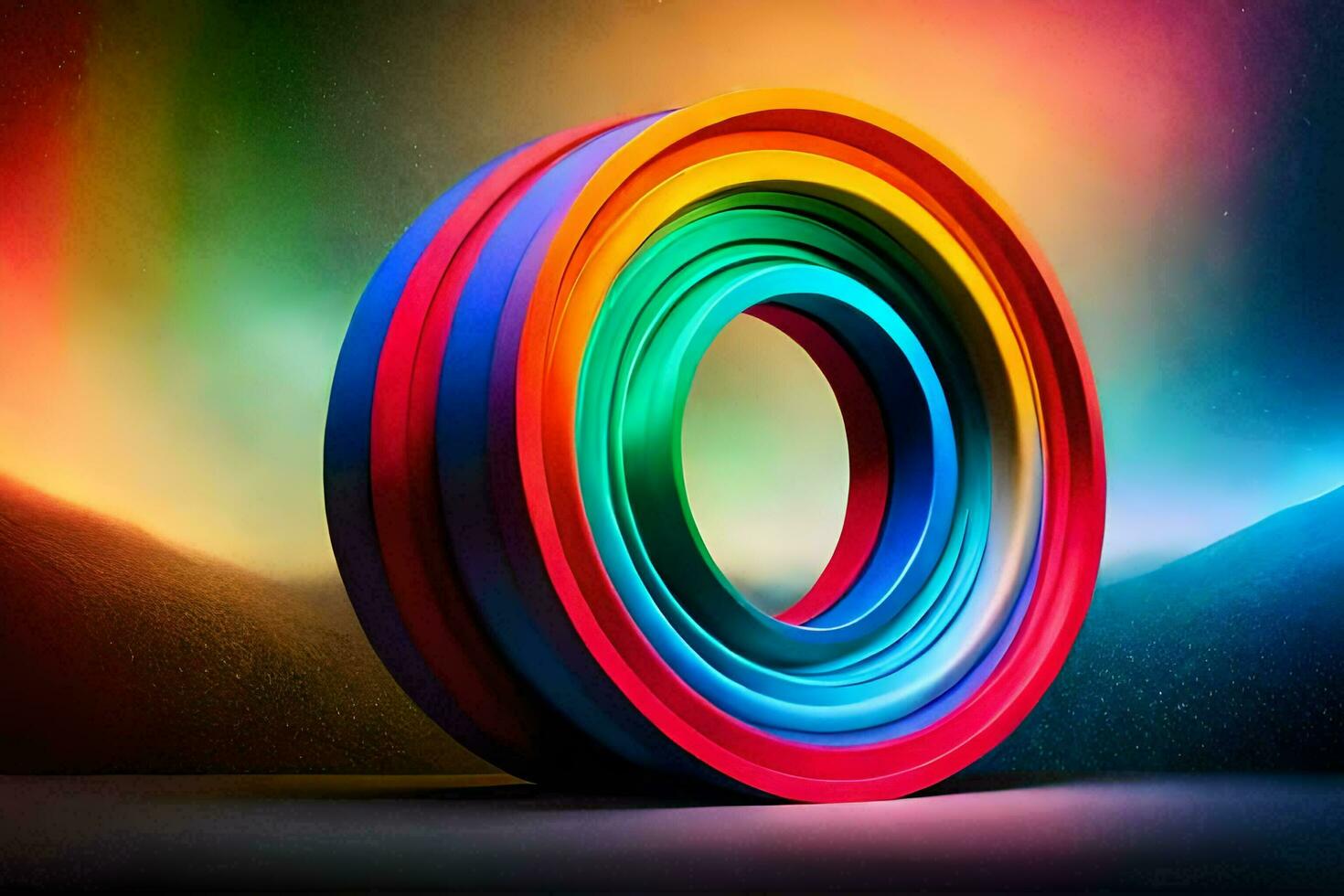 ein bunt Regenbogen farbig Ring ist gezeigt im Vorderseite von ein dunkel Hintergrund. KI-generiert foto