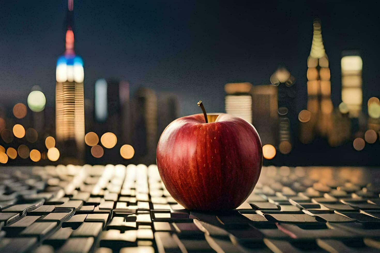 ein Apfel sitzt auf oben von ein Laptop Tastatur im Vorderseite von ein Stadtbild. KI-generiert foto