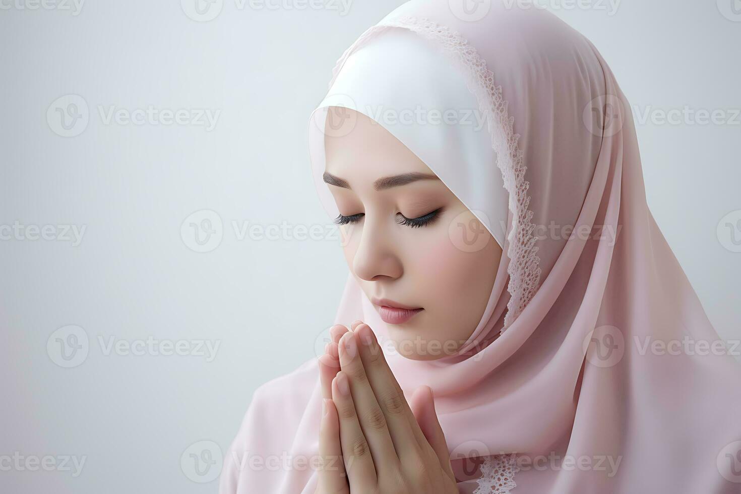 Hijab Frau beten mit Weiß Hintergrund, asiatisch Muslim ai generiert foto