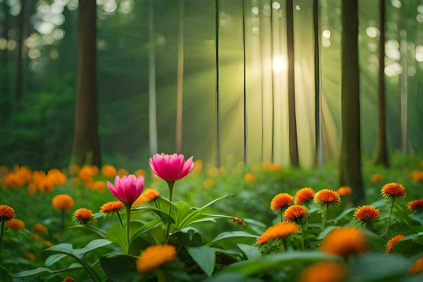 Blumen im das Wald mit Sonne leuchtenden durch. KI-generiert foto
