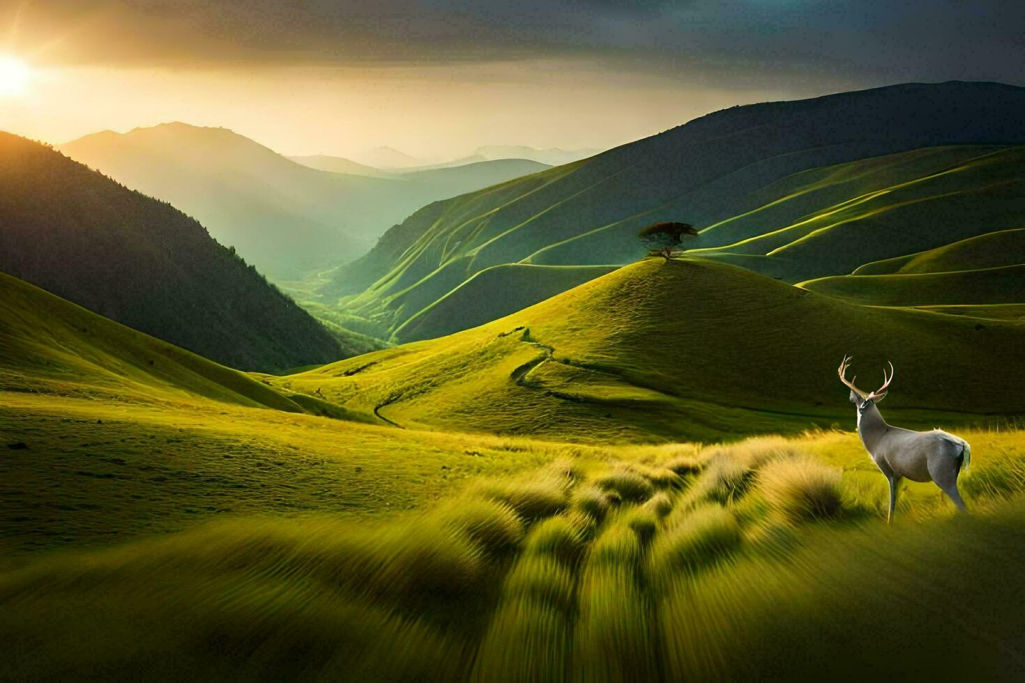 ein Hirsch steht im das Mitte von ein Grün Feld. KI-generiert foto