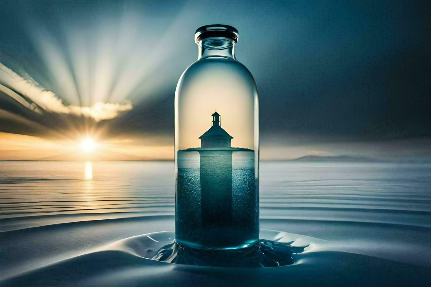 ein Flasche mit ein Leuchtturm im es auf das Strand. KI-generiert foto