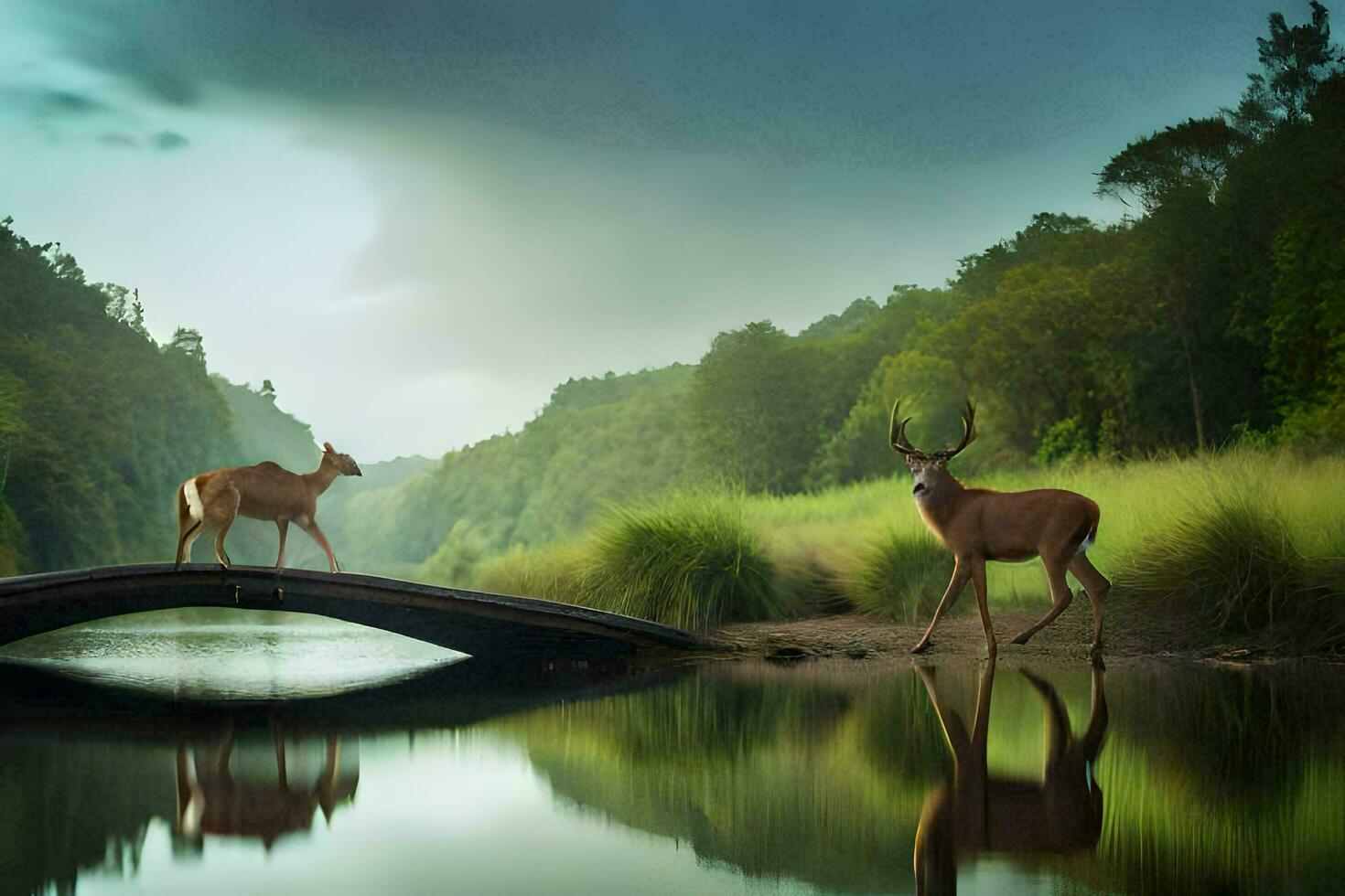 zwei Hirsch Stehen auf ein Brücke Über ein Fluss. KI-generiert foto