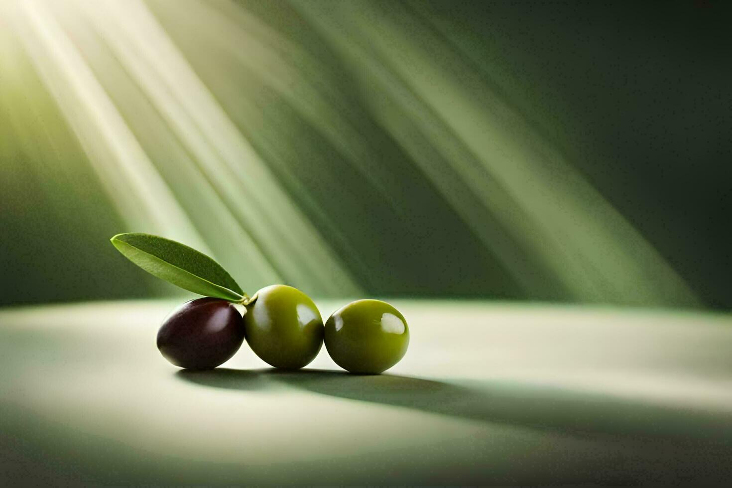 Oliven auf ein Tabelle mit Sonnenlicht leuchtenden durch. KI-generiert foto