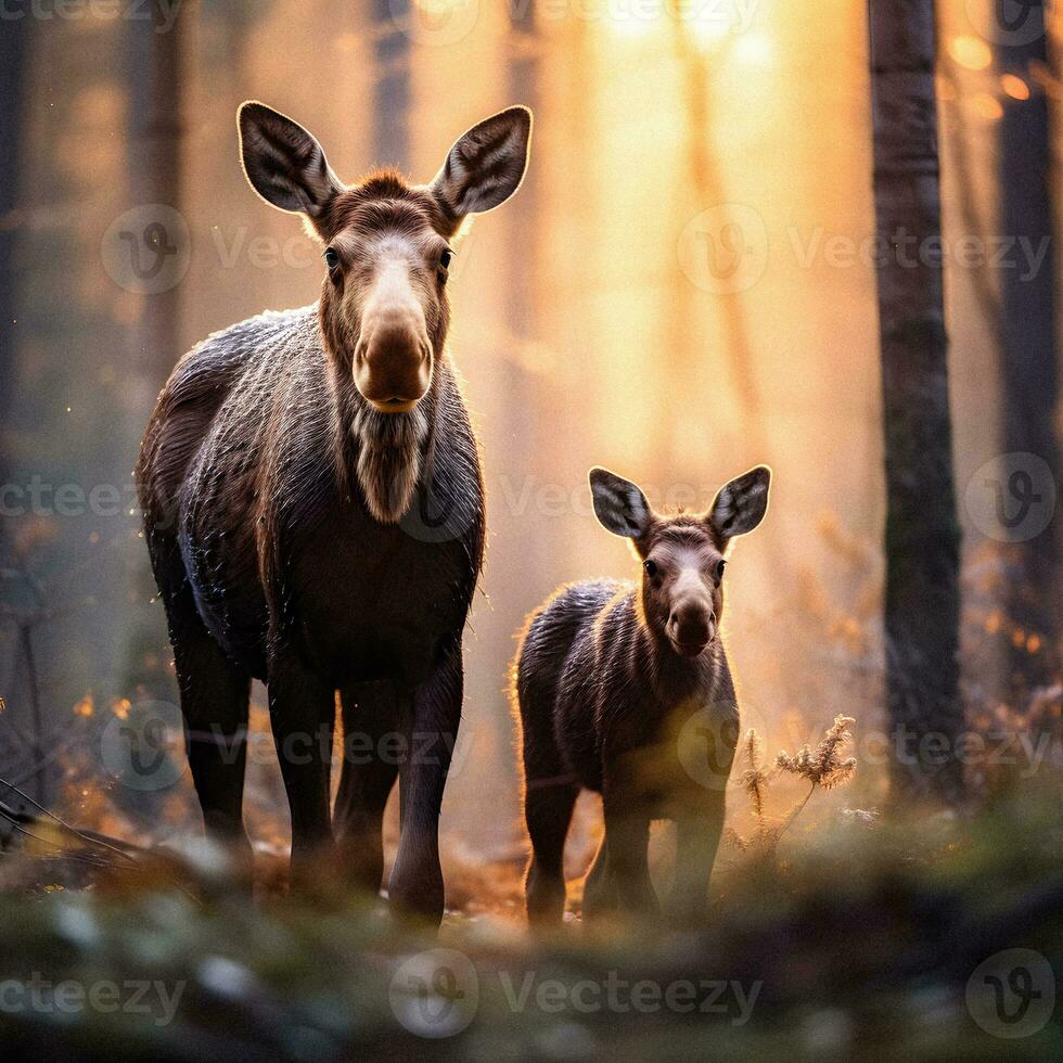 heiter Frühling generativ ai Bild von Elch Familie inmitten kanadisch Wildnis foto