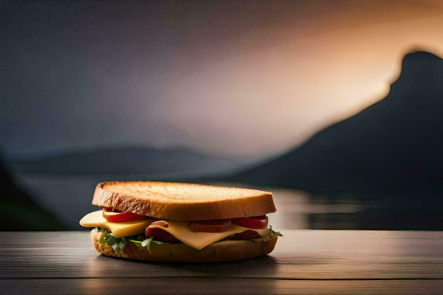 ein Sandwich Sitzung auf ein Tabelle mit Berge im das Hintergrund. KI-generiert foto