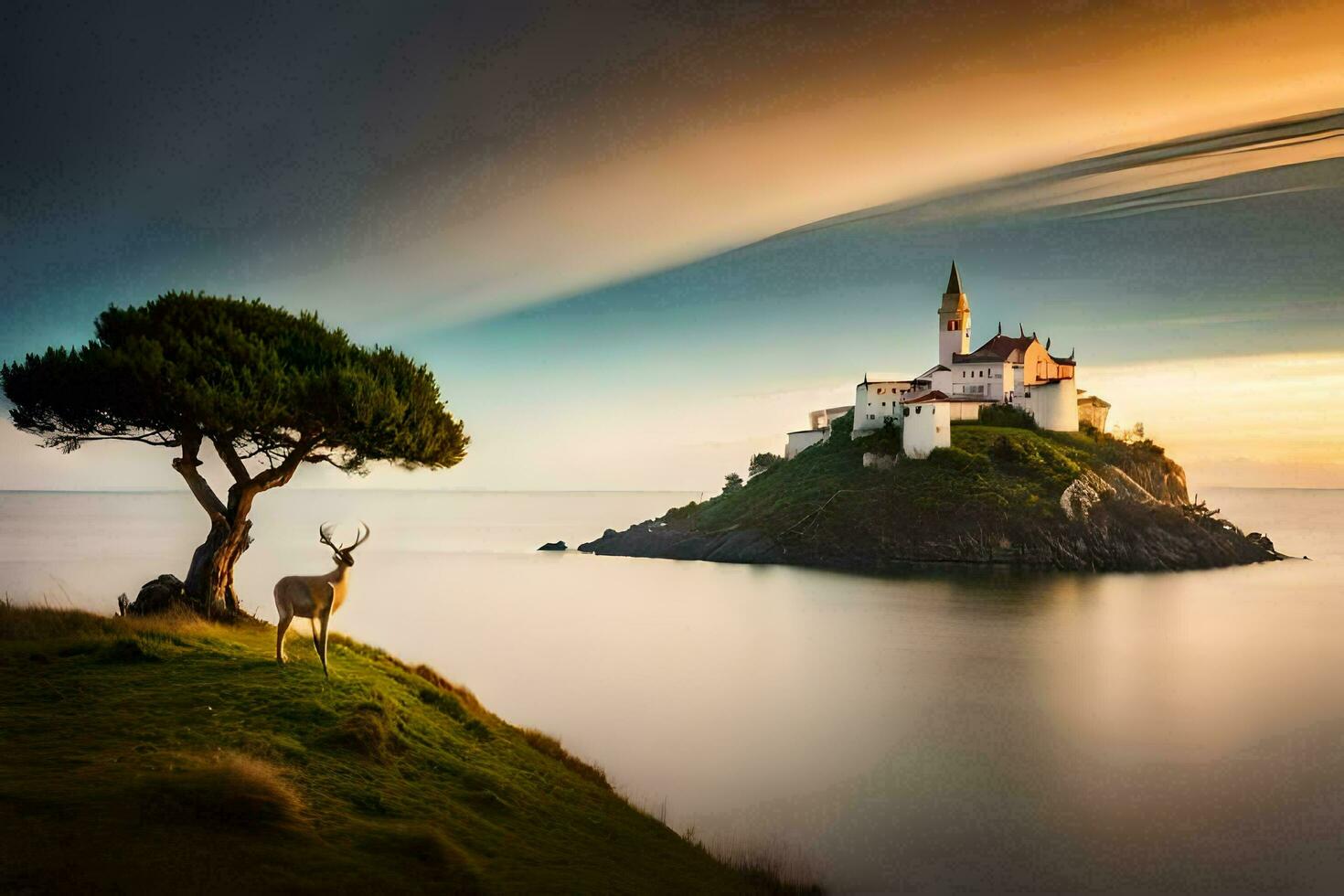 ein Hirsch steht auf ein Hügel mit Blick auf ein Schloss. KI-generiert foto