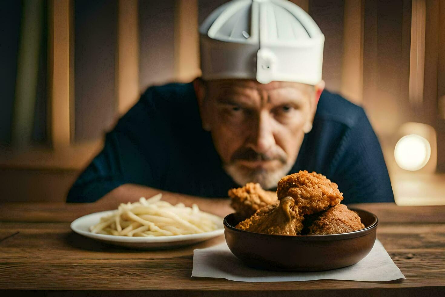 ein Mann im ein Koch Hut sitzt beim ein Tabelle mit ein Schüssel von gebraten Hähnchen. KI-generiert foto