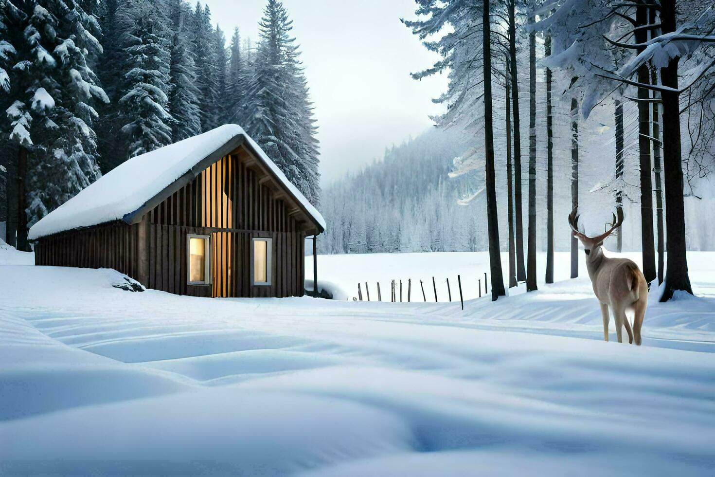 ein Hirsch steht im Vorderseite von ein Kabine im das Schnee. KI-generiert foto