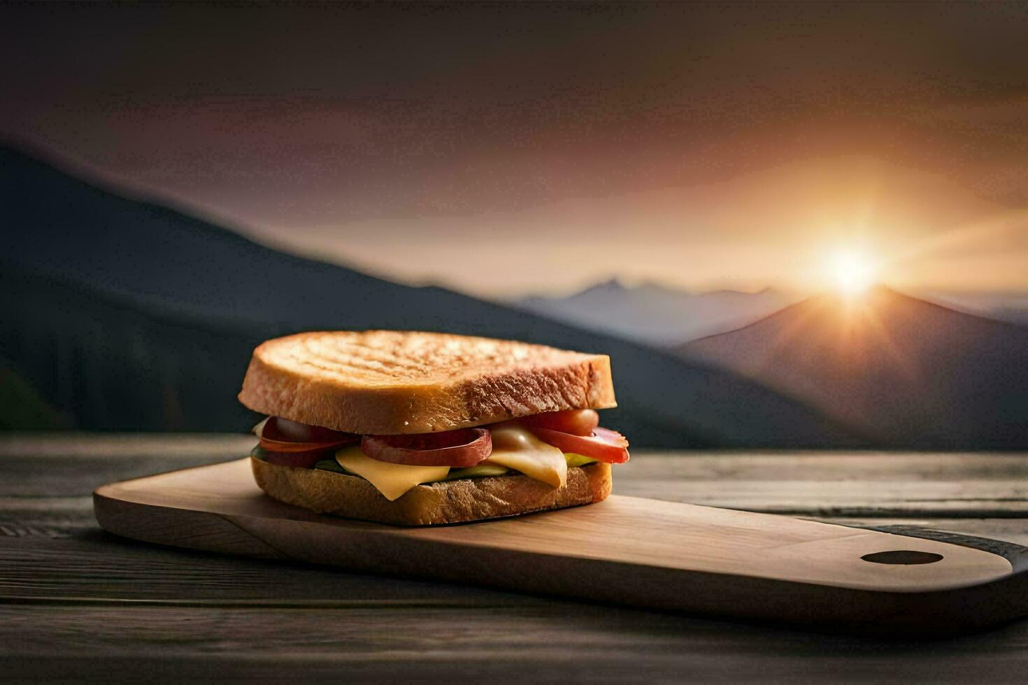 ein Sandwich sitzt auf ein hölzern Tafel mit das Sonne Rahmen hinter Es. KI-generiert foto