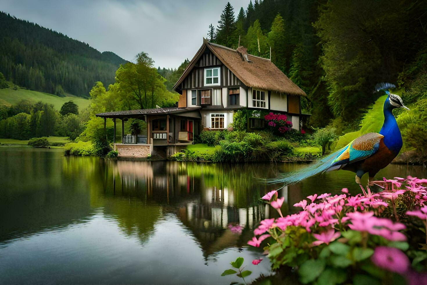 das Pfau ist Stehen auf das See im Vorderseite von ein Haus. KI-generiert foto