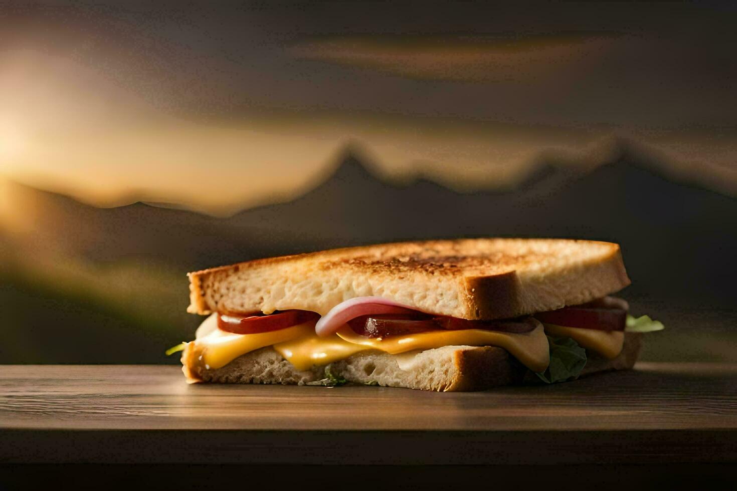 ein gegrillt Käse Sandwich auf ein hölzern Tabelle mit Berge im das Hintergrund. KI-generiert foto
