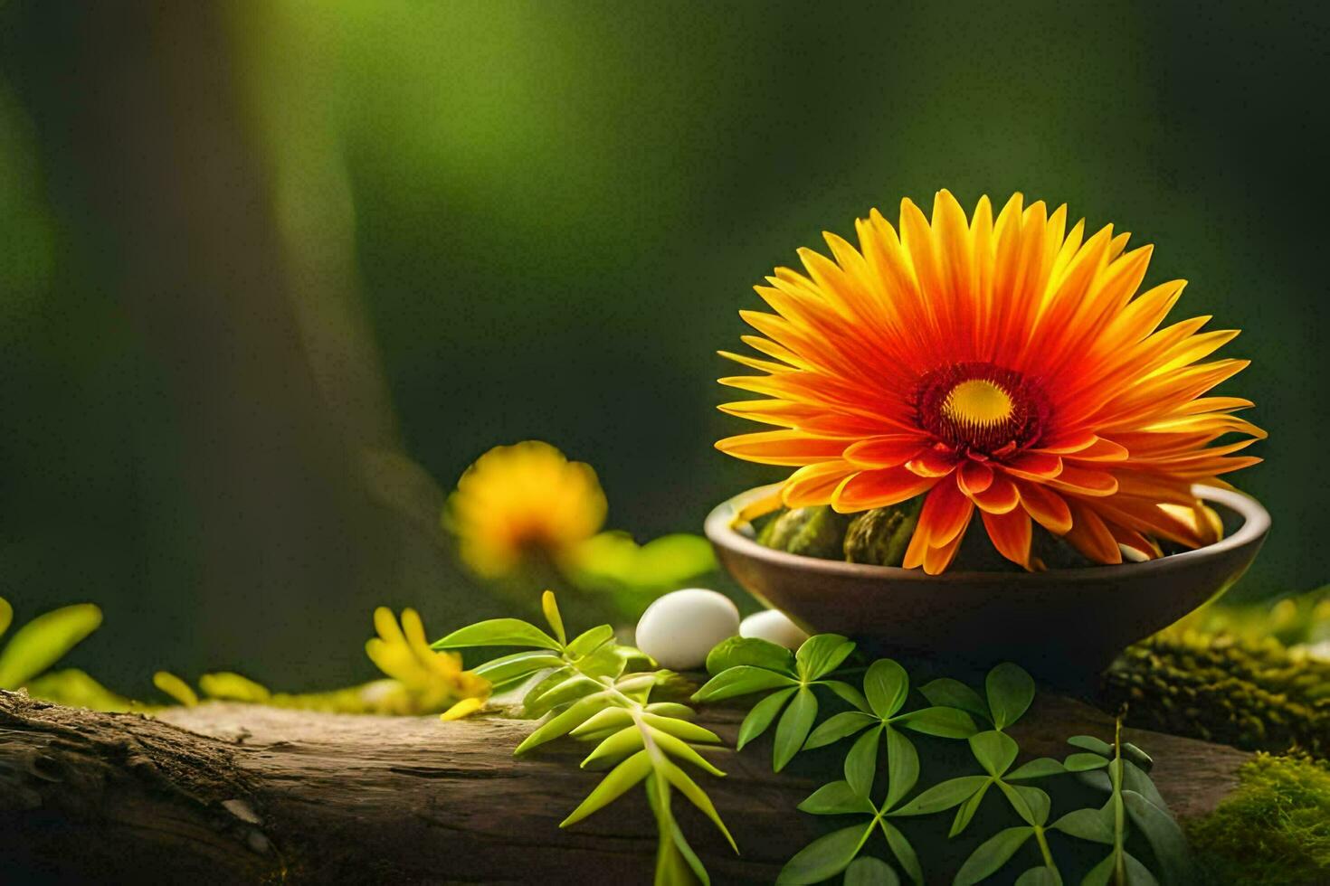 Orange Blume im ein Schüssel auf ein Baum Ast. KI-generiert foto