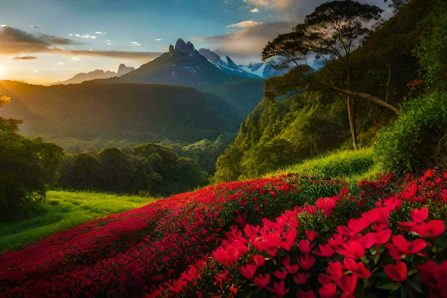 das Sonne steigt an Über das Berge und Blumen im das Vordergrund. KI-generiert foto